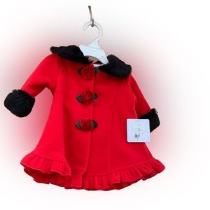 Red coat with black fur trim, rose buttons and matching hat, 3 month, new w/tags